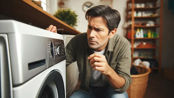 A homeowner looks puzzled as he examines an OE error code on the control panel of a washing machine.