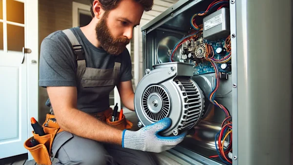 A professional repair technician installing a blower motor.